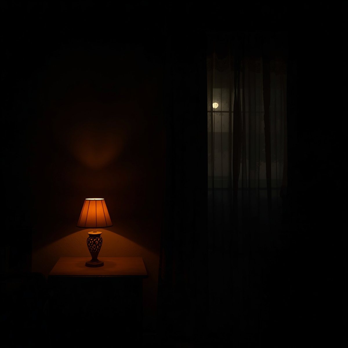 A lamp lit in a dark bedroom with moonlight at the window